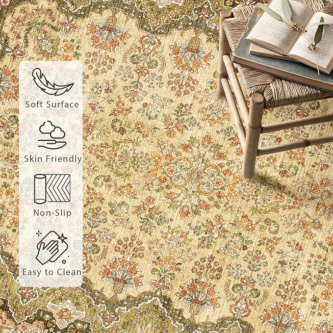 Green Rug 3x5 Area Rugs, Boho Washable Rug for Bedroom Living Room Kitchen Office Laundry Room, Non Slip Vintage Small Soft Rugs Retro Distressed Floor Carpet