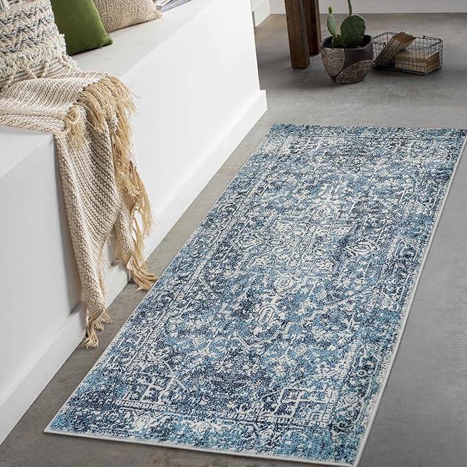 Morebes Boho Blue Rug for Bathroom 2x4.3, Washable Hallway Runner Rug Non Slip Soft Bath Mat, Vintage Medallion Low Pile Indoor Floor Carpets for Entrance Bedroom Kitchen