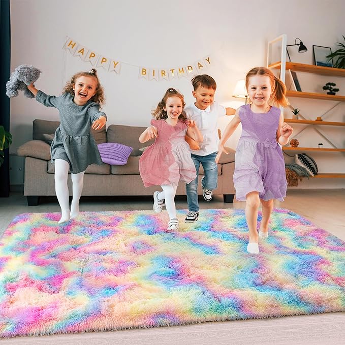 Ultra Fluffy Rug for Living Room Bedroom, 5x7 Fuzzy Large Area Rug for Living Room, Plush Soft Shag Carpet for Girl Boy Kids, Non Slip Rug Modern Indoor Home Decor Aesthetic, Rainbow