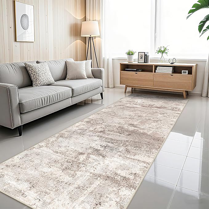 RUUGME Washable Hallway 4x12 Rug - Abstract Runner Rugs for Living Room Non Slip Rubber Backing Indoor Entryway Carpet for Bedroom Kitchen Soft Low Pile Stain Resistant Floor Decor Mat 4x12 Brown