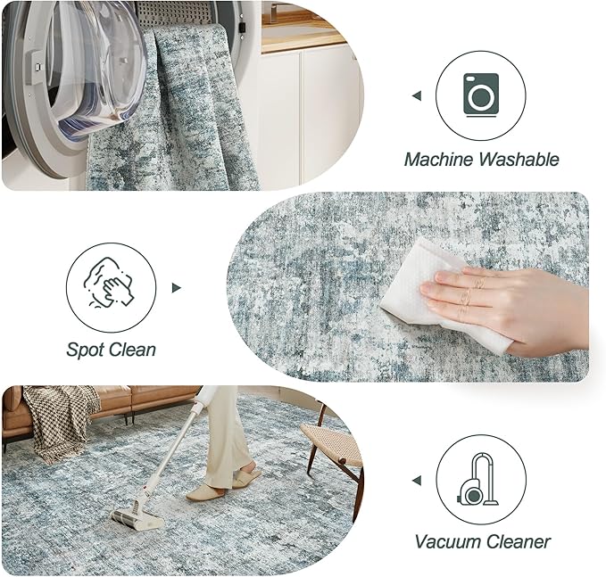 2x3 Abstract Washable Rugs for Kitchen, Floor, Entryway, Powder Room Small Area Rug Non-Slip Vintage Rug Low Pile Throw Door Mat Blue
