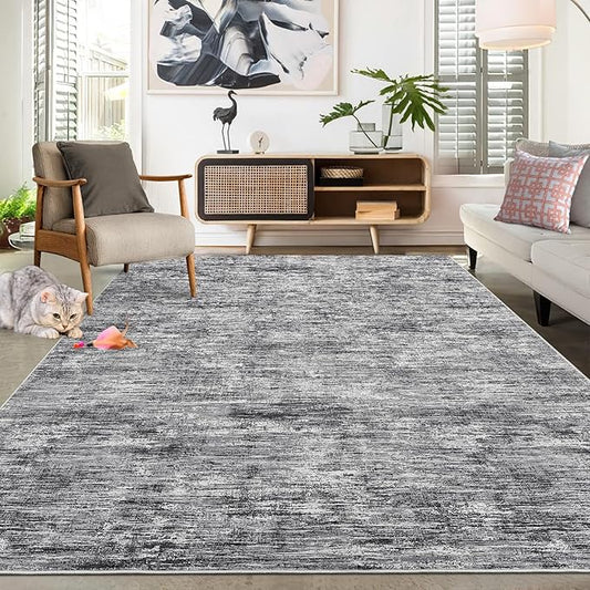 Washable Rug 10x13 for Living Room Modern Abstract Area Rug Non-Slip Contemporary Bedroom Rug Stain Resistant Aesthetic Accent Floor Carpet Foldable Solid Rug for Home Office, Ivory/Grey