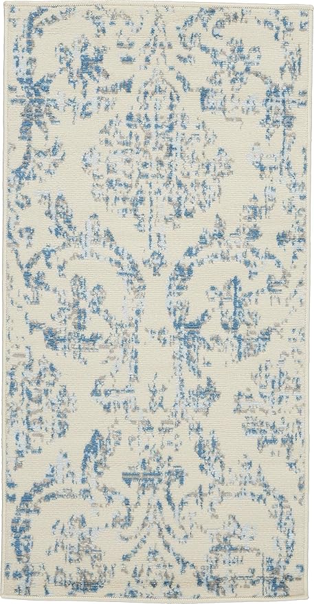 Nourison Jubilant Damask Ivory/Blue 2' x 4' Area -Rug, Easy -Cleaning, Non Shedding, Bed Room, Living Room, Dining Room, Kitchen (2x4)