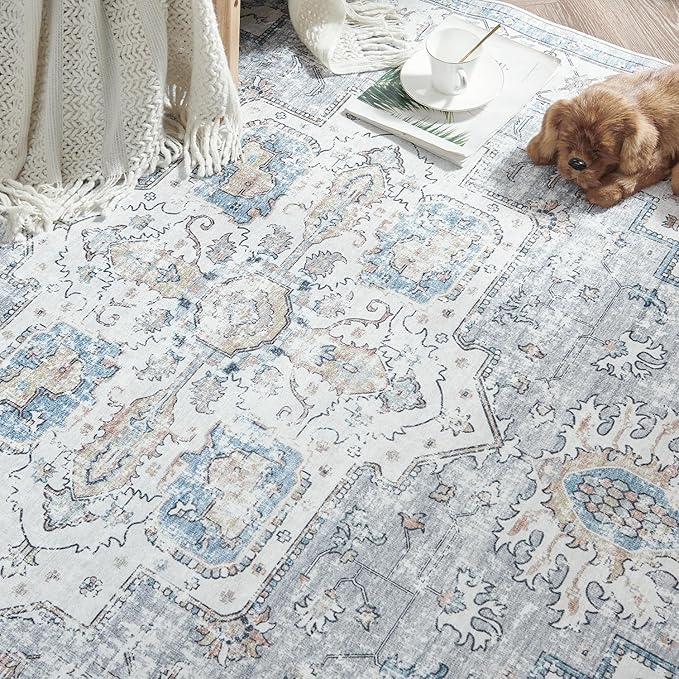jinchan Tribal Runner Rug 2x5 - Kitchen Machine Washable Vintage Floral Non-Slip with Rubber Backing Ultra-Thin Low-Pile Carpet Runner for Hallway Entryway Bedroom Laundry Room (2x5ft,Grey/Blue)