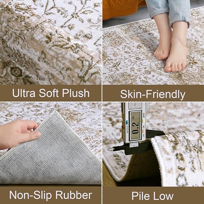 Keeko Small Rugs for Entryway, 2x3 Living Room Area Rug Vintage Door Mat Accent Bedroom Bedside Rug Indoor Low Pile Retro Non Slip Front Door Print Throw Rugs for Kitchen Laundry Room Decor Beige