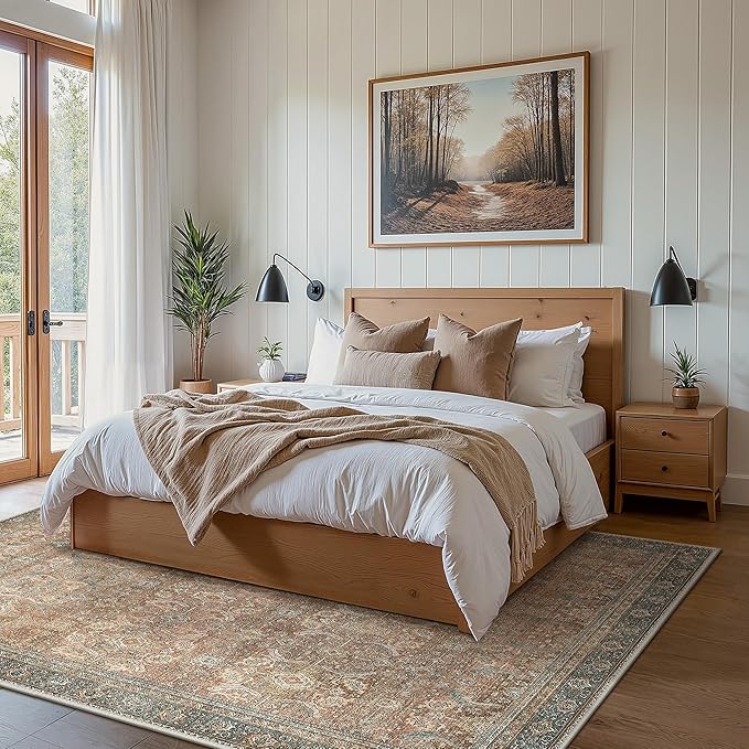 8X10 Area Rugs Machine Washable Rugs for Living Room, Vintage Boho Large Rugs for Bedroom Dining Room, Non Slip Indoor Soft Distressed Lightweight Thin Low Pile Carpet, Cinnamon