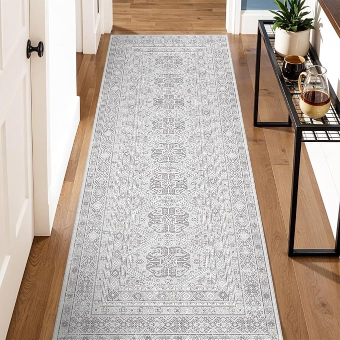 2x6 Runner Rug Kitchen Washable: Oriental Indoor Hallway Runners with Non Slip Backing Floor Mat for Entryway Door Low Pile Thin Carpet for Bedroom Bathroom Living Room Bedside Grey