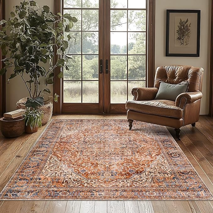 Washable Boho Area Rugs 9x12 Living Room Bedroom Under Table,Easy to Clean Vintage Floral Bohemian Rustic Western Style Large Rug for Dining Room,Terracotta Rust and Burnt Orange,9 by 12