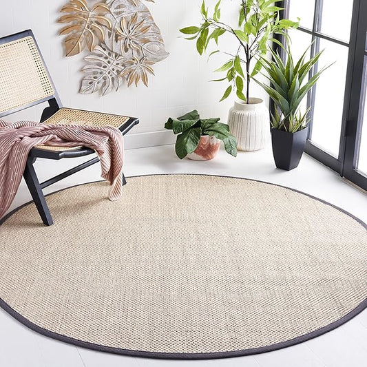 SAFAVIEH Natural Fiber Collection 8' Round Marble / Dark Grey NF143D Border Sisal Area Rug