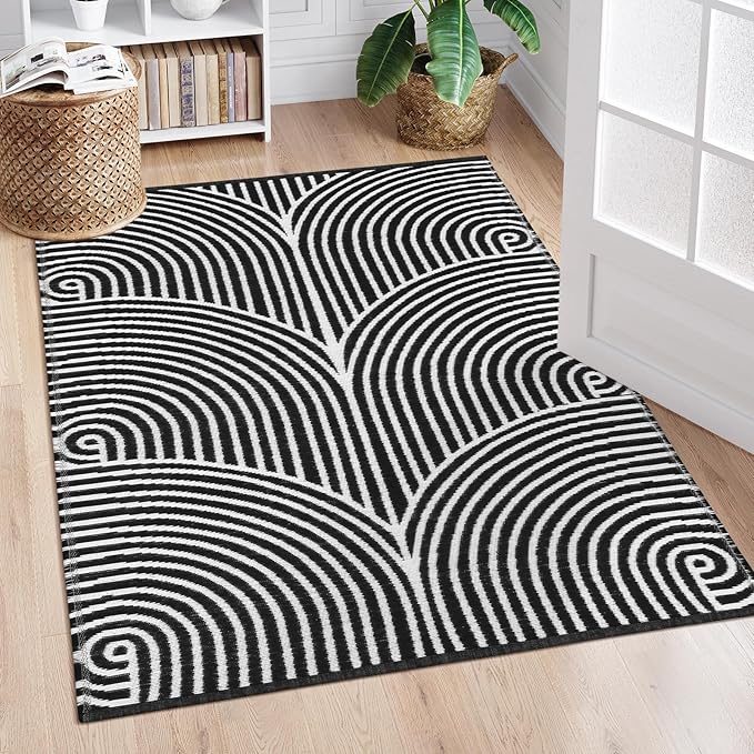 Tiffasea Outdoor Rug 4x6 ft Washable Small Outdoor Rug Porch Rugs Black and White Area Rug Cotton Woven Patio Rugs Reversible Indoor Outdoor Rug for Entryway Bedroom Living Room