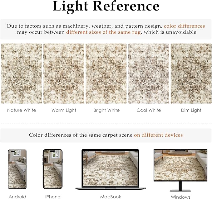10x12 Neutral Area Rug Brown Floral Living Room Bedroom Large Carpet Non-Slip Low Pile Vintage Soft Thin Washable Throw Rug for Dining Room Office Kitchen Indoor Nursery
