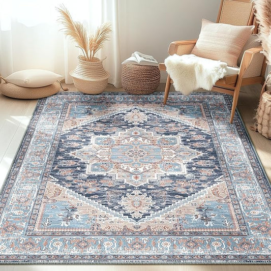 BESTSWEETIE 4x6 Area Rugs for Living Room Washable Non Slip Carpet Low Pile Soft Vintage Print Pattern Rug for Bedroom Dining Room Kitchen Entryway Indoor-Navy Blue/Light Blue/Natural/Brick