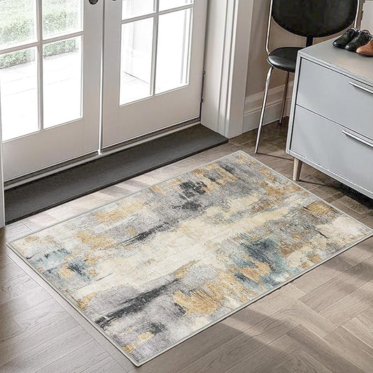2x3 Washable Indoor Door Mat - Grey Multi Modern Abstract Rugs for Entryway, Soft Small Area Rug, Non-Slip Low-Pile Thin Door Mat for Inside Entry, Rugs for Indoor Front Entrance Kitchen
