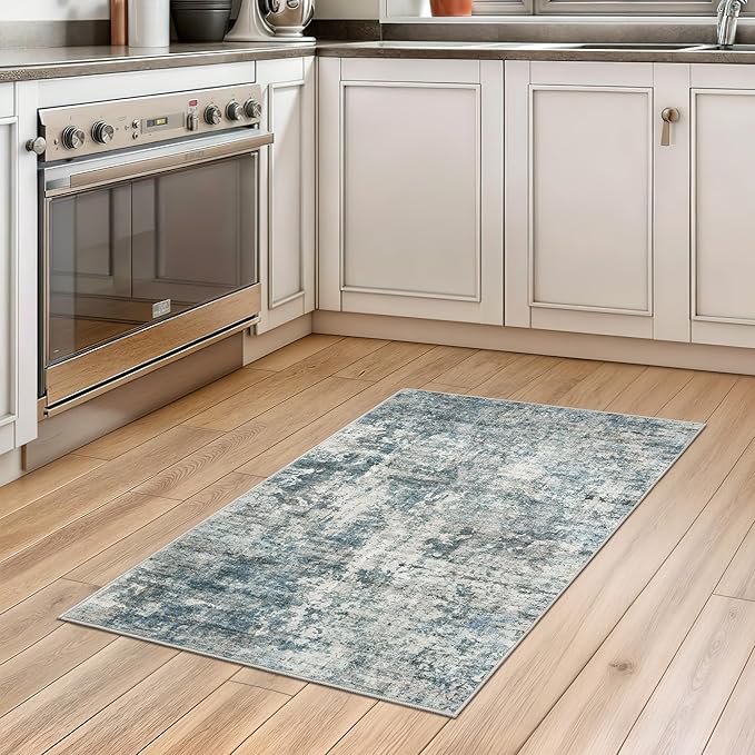 2x3 Abstract Washable Rugs for Kitchen, Floor, Entryway, Powder Room Small Area Rug Non-Slip Vintage Rug Low Pile Throw Door Mat Blue