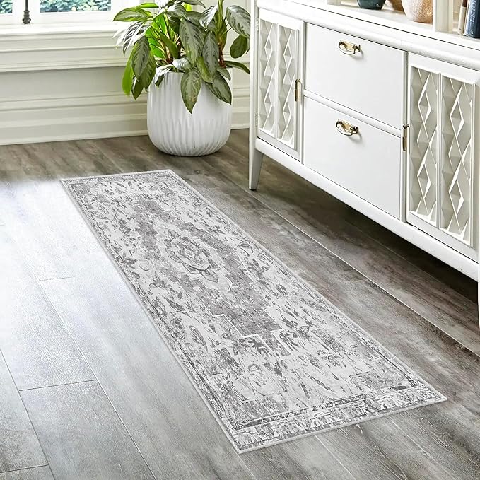 Vintage Runner Rug 2x6 Non-Slip Boho Distressed Runner Rugs Carpet Washable Traditional Mat for Kitchen Hallways, Grey
