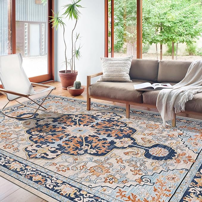U'Artlines Boho Vintage Area Rug 8x10 Machine Washable Low Pile Soft Floor Carpet Non Slip Non Shedding Accent Rug for Living Room Bedroom Entryway Dining Room Office Orange Blue