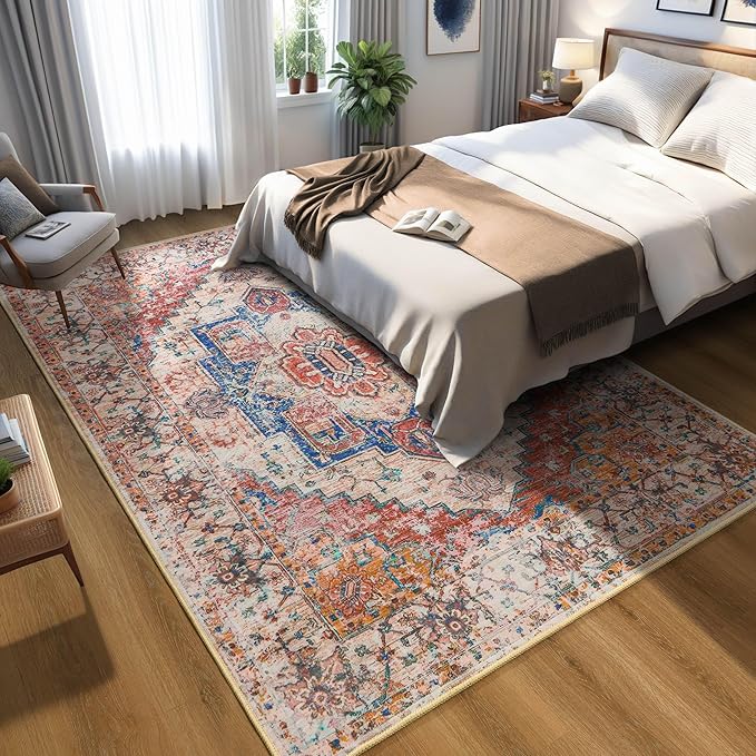 YJ.GWL Large Area Rug for Living Room, 5x8 Machine Washable Boho Rug for Bedroom, Low Pile Lightweight Thin Rugs Floral Vintage Distress Print Pattern Carpet for Dining Room, Orange