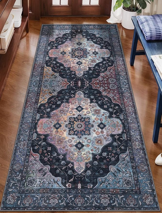 2x5 Washable Runner Rug for Hallways, Non Slip Vintage Runner, Soft Low Pile Long Rug Runner, Print Distressed Navy/Mlulti Carpet Runners for Kitchen Bedroom Entryway Bathroom Living Room