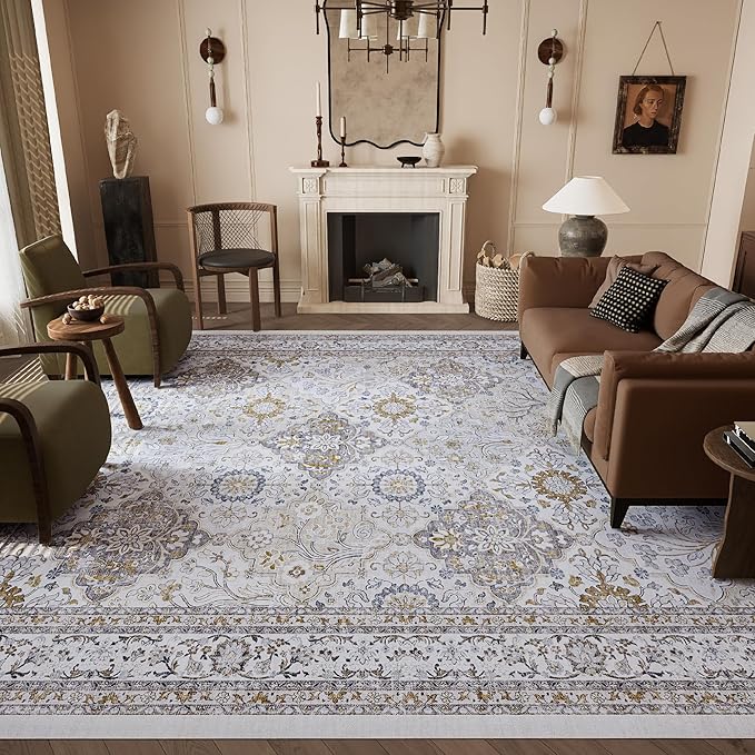 5x7 Rug, Washable Neutral Boho Modern Vintage Non Slip Floral Area Carpet, Low Pile Soft Rugs, Slip Resistance, Pet-Friendly, Durable Rug for Living Room, Bedroom, Kitchen, Dining Room