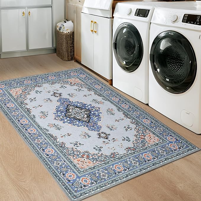 Tepook 2x3 Vintage Washable Rug - Non-Slip Low-Pile Door Mat for Entryway, Kitchen, Bedroom, Bathroom, Foyer - Indoor Throw Rug in Blue/Grey