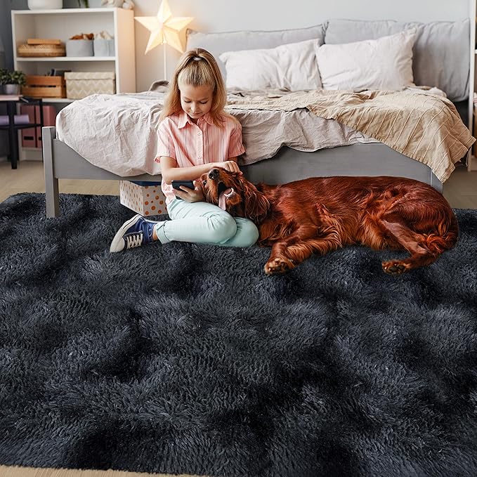 5x8 ft Shag Tie Dyed Black Fluffy Rugs for Bedroom,Indoor Floor Non Slip Carpet Throw Fuzzy Rug for Living Room Kids Room Boys Teens College Dorm Nursery Room Home Decor