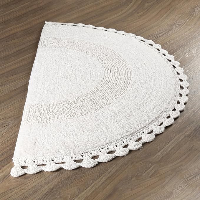 Savi Home Half Circle Bohemian Bathroom Rug with Handwoven Chrochet Border, Beautifully Handcrafted 100% Cotton Mat - 22x42, Round Boho Bedroom Rug, Boho Bathroom Décor, Machine Washable - White