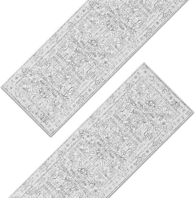 jinchan Kitchen Runner Rug 3x8-2pcs, Bohemian Hallway Washable Rug Floral Non Slip with Rubber Backing Vintage Carpet Runner for Bedroom Bathroom Laundry Room Living Room Decor Grey