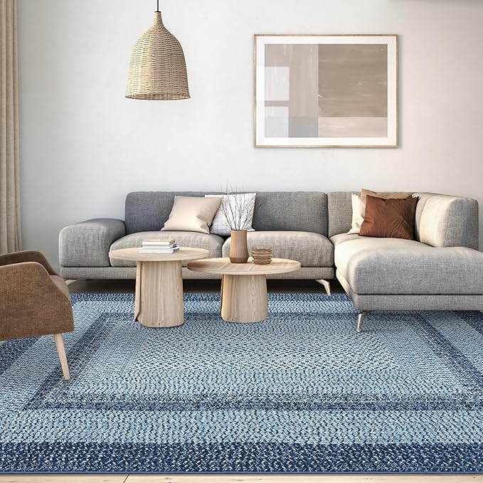 Washable Area Rugs 4x6 Rug for Living Room Indoor Mats for Entryway Soft Bedroom Rug Non Slip Modern Braided Print Area Rug Farmhouse Throw Rugs Low Pile Stain Resistant Carpet 4'x6' Blue
