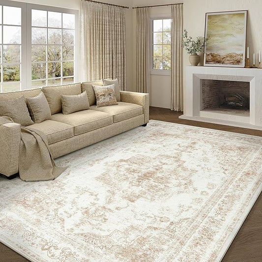 Washable Rug 10x14 Area Rug for Living Room Beige Vintage Boho Medallion Large Distressed Retro Carpet Non Slip Indoor Low Pile Small Soft Bedroom Dining Room Home Office