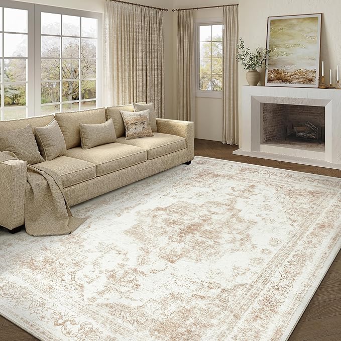 Washable Rug 8x10 Area Rug for Living Room Beige Vintage Boho Medallion Large Distressed Retro Carpet Non Slip Indoor Low Pile Small Soft Bedroom Dining Room Home Office