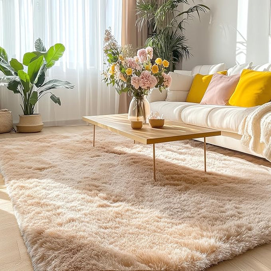 OLANLY Area Rugs for Living Room Bedroom, Machine Washable 4x5.9 Feet Soft Fluffy Shaggy Bedside Rug, Indoor Floor Carpet for Kids Girls and Boys, Dorms, Nursery Rooms, Home Decor Aesthetic, Beige