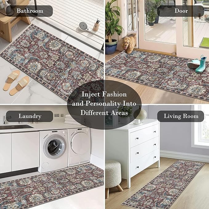Washable Area Rugs - Perfect for Living Room, Bedroom, Kids Room, Nursery - Stain & Water Resistant Non-Slip, Pet & Child Friendly, Vintage Tribal Area Rugs (Rust and Bule, 2'6'' x 8')