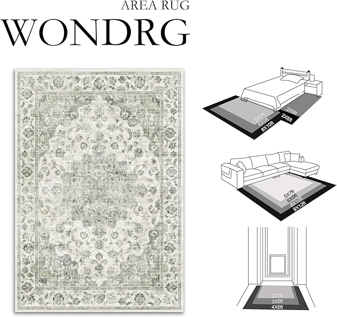 10x12 Neutral Area Rug Green Floral Living Room Bedroom Large Carpet Low Pile Vintage Non-Slip Soft Thin Washable Throw Rug for Dining Room Office Kitchen Indoor Nursery