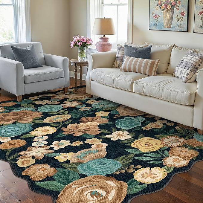 Washable Floral Area Rug 3x5 Black Office Carpet Scalloped Flower Non Slip Soft Entrance Door Mat Farmhouse Low Pile Thin Indoor Floor Cover for Kitchen Bathroom Bedroom Laundry Living Room