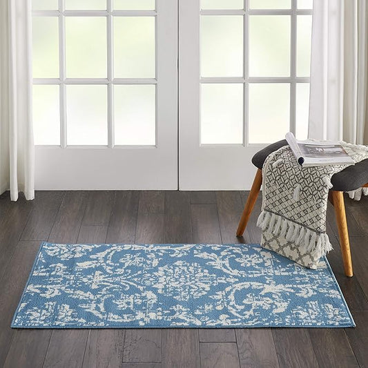 Nourison Jubilant Damask Blue 2' x 4' Area-Rug, Easy-Cleaning, Non Shedding, Bed Room, Living Room, Dining Room, Kitchen (2x4)