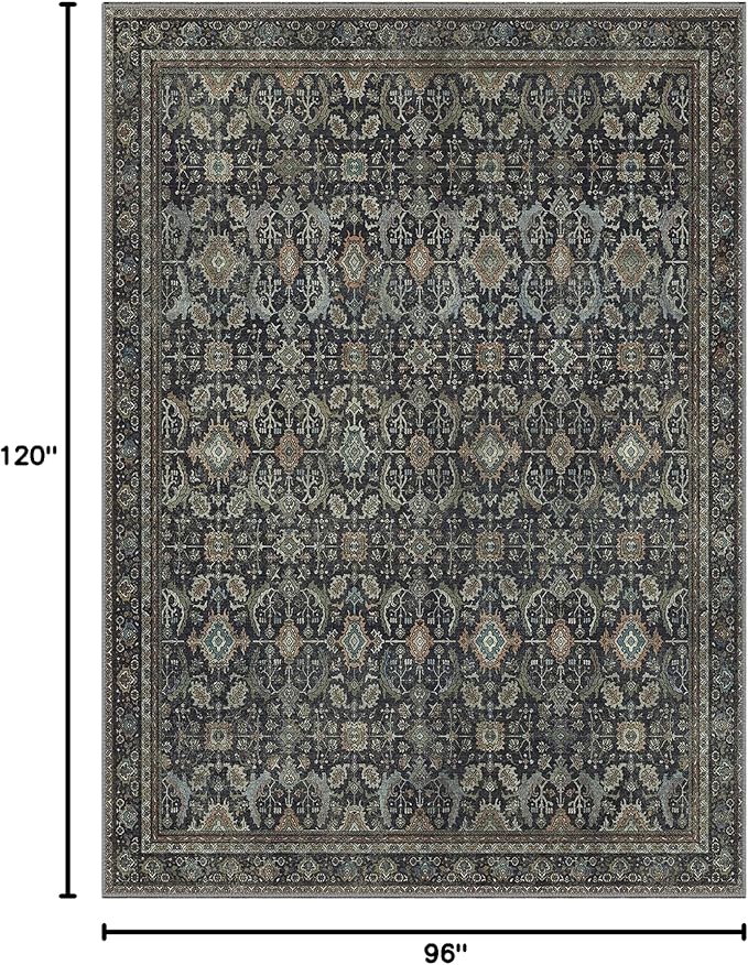 8X10 Area Rugs Machine Washable Rugs for Living Room, Vintage Boho Large Rugs for Bedroom Dining Room, Non Slip Indoor Soft Distressed Lightweight Thin Low Pile Carpet, Black