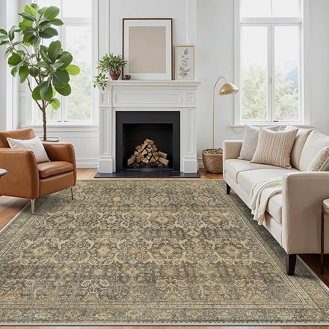 8X10 Area Rugs Machine Washable Rugs for Living Room, Vintage Boho Large Rugs for Bedroom Dining Room, Non Slip Indoor Soft Distressed Lightweight Thin Low Pile Carpet, Brown
