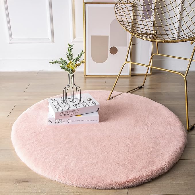 Ashler HOME DECO Ultra Soft Faux Rabbit Fur Chair Couch Cover Area Rug for Bedroom Floor Sofa Living Room Pink Round 3 x 3 Feet