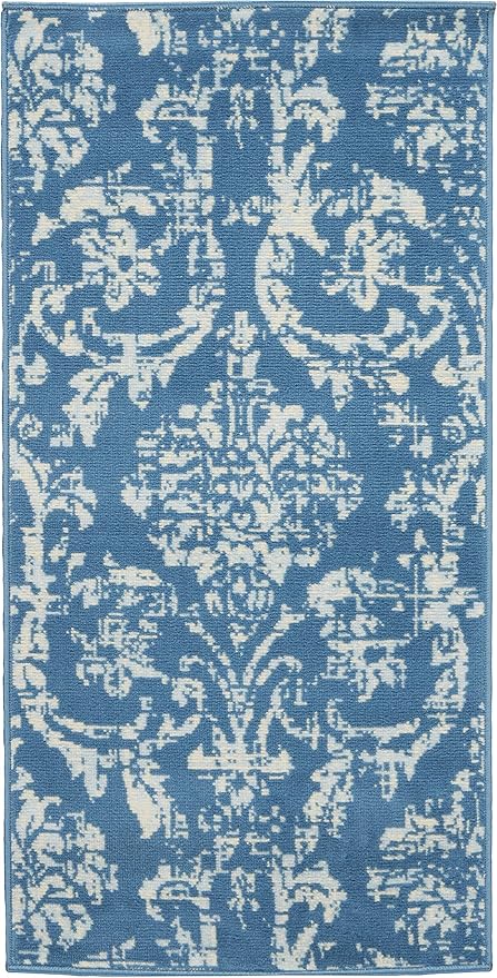 Nourison Jubilant Damask Blue 2' x 4' Area-Rug, Easy-Cleaning, Non Shedding, Bed Room, Living Room, Dining Room, Kitchen (2x4)