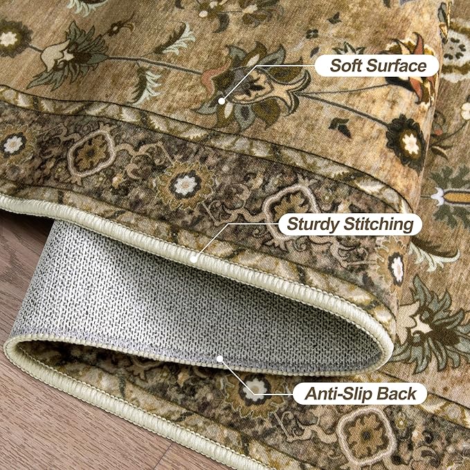 2x10 Hallway Runner Rug, Washable Non-Slip Vintage Floral Boho Runner Rug for Hallway Entryway Indoor, Brown Print Carpet,Soft Low Pile Long for Kitchen Bedroom