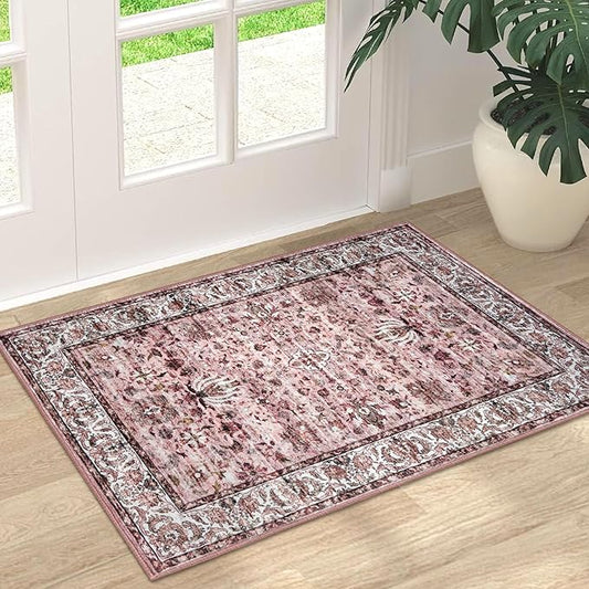 Small Area Rug 2x3 Entryway Doormat Floral Machine Washable Low Pile Non Slip Throw Rug for Kitchen Bedroom Laundry Room, Pink