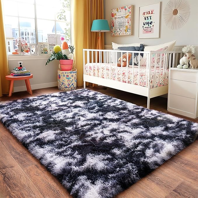 Black and White Rug for Bedroom, 5x7 Area Rug for Kids Room, Bedside Indoor Floor Fluffy Shag Carpet, Plush Soft Rug for Living Room Nursery Dorm Home Decor