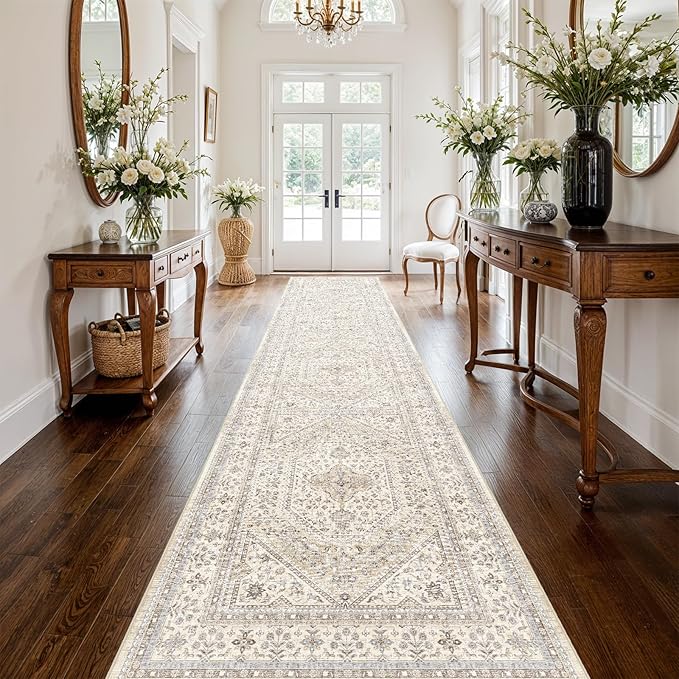 3x16 Runner Rug for Hallway Washable: Non Slip Kitchen Rugs with Rubber Backing Soft Waterproof Mats Stain Resistant Indoor Vintage Carpet Runner for Bedroom Bathroom Laundry Entryway Beige/Gray