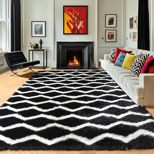 RUGTUDER Area Rug for Bedroom, Ultra Soft 6x9 Washable Fluffy Fuzzy Striped Rugs for Living Room, Shaggy Furry Chevron Geometric Rug for Boys Room Teens Dorm Nursery Playroom Decor, Black and White