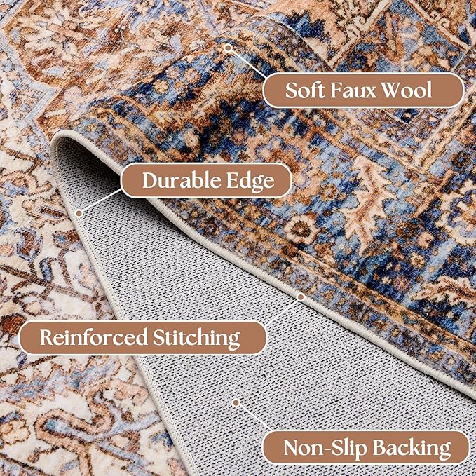Washable Boho Area Rugs 9x12 Living Room Bedroom Under Table,Easy to Clean Vintage Floral Bohemian Rustic Western Style Large Rug for Dining Room,Terracotta Rust and Burnt Orange,9 by 12