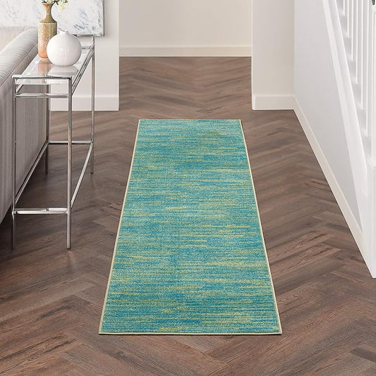 Nourison Essentials Solid Indoor/Outdoor Blue Green 2'2" x 14 Area Rug, Easy Cleaning, Non Shedding, Bed Room, Living Room, Dining Room, Deck, Patio, Backyard (2x14)