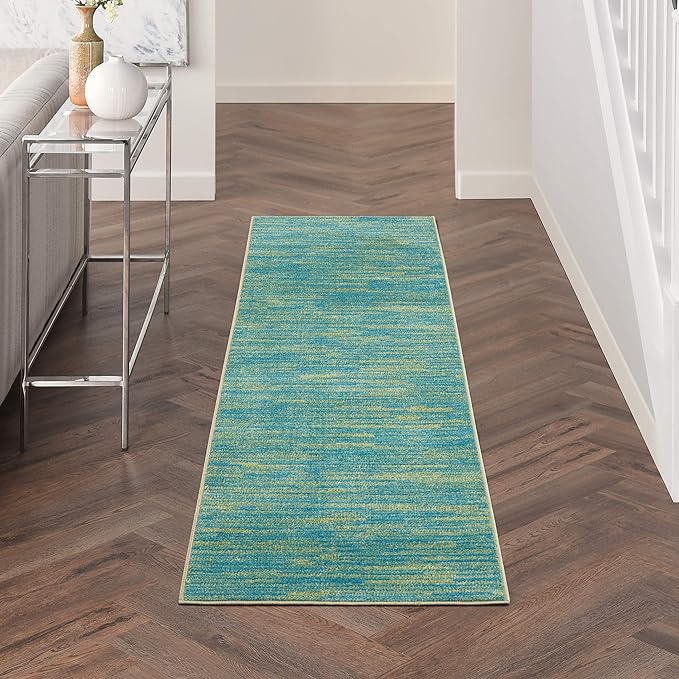 Nourison Essentials Indoor/Outdoor Blue Green 2'2" x 10' Area Rug, Easy Cleaning, Non Shedding, Bed Room, Living Room, Dining Room, Backyard, Deck, Patio (2x10)