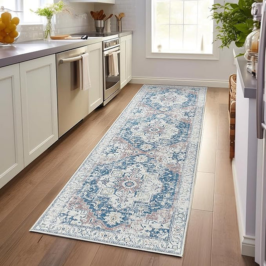jinchan Runner Rug 3x7 Vintage Hallway Rug Kitchen Washable Runner Retro Floor Cover Lightweight Non-Slip Low Pile Thin Distressed Carpet for Entryway Bathroom Laundry Room Bedroom Stairway Navy Blue