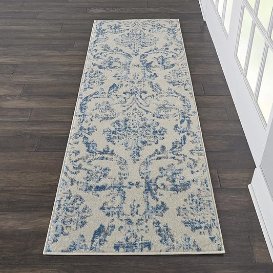 Nourison Jubilant Damask Ivory/Blue 2'3'' x 7'3'' Area-Rug, Easy-Cleaning, Non Shedding, Bed Room, Living Room, Dining Room, Kitchen (2x7)