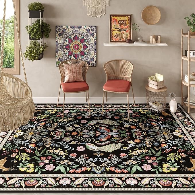 9x12 Area Rugs for Living Room Washable Rug Floral Non-Slip Large Rug for Living Room, Bedroom, Farmhouse, Dining Room, Kids Playroom (Vibrant Black)
